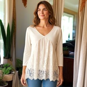 Romantic‎ Lace Babydoll Top M Bohemian Flowy Cottage Coquette Fairy Ivory Sheer